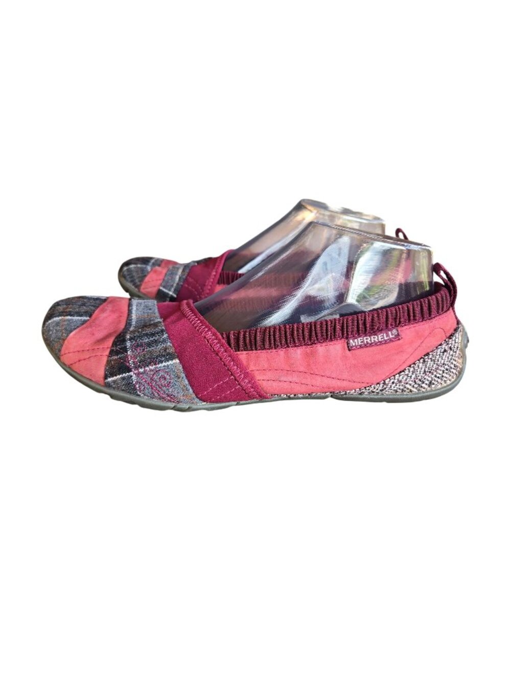 Merrell Barefoot Delight Wool Patchwork Burgandy Plaid Suede Slip-on Shoes Sz. 8